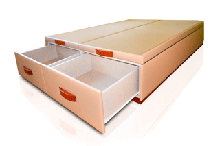 Canape cajón frontal con la tapa cerrada pero abriendo y cerrando los cajones del frontal