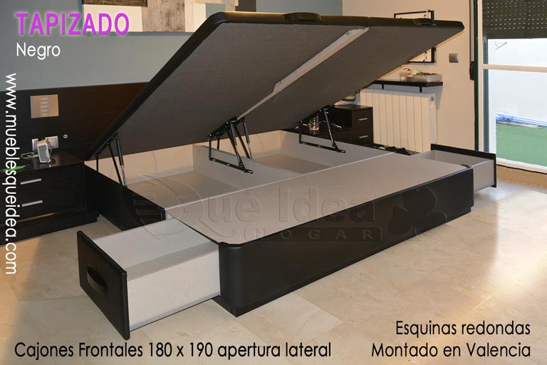 ejemplo montado en Valencia de un canapé cama abatible de 180x190 con cajones a los pies de apertura lateral tapizado en color negro