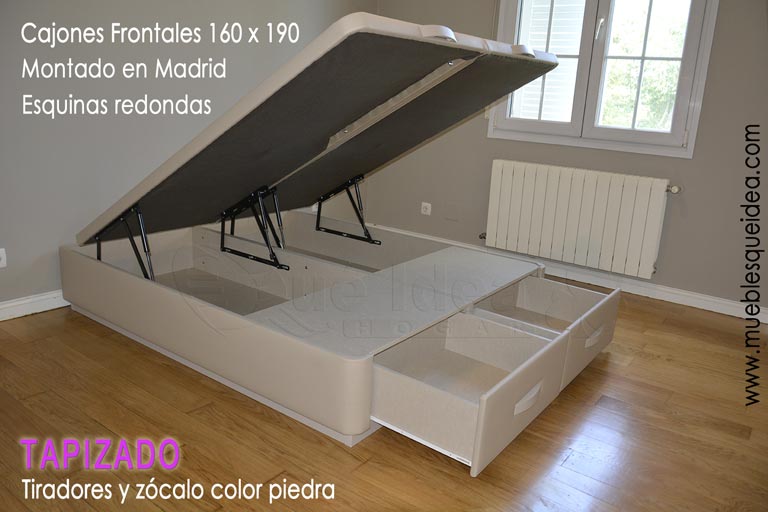 ejemplo entregado en casa de cliente de un canapé abatible de matrimonio de 160x190 con dos cajones a los pies de la cama y las esquinas redondas en Madrid