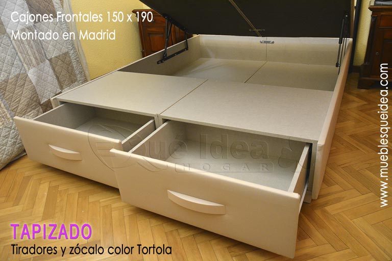 ejemplo de un canapé de tapa abatible montado en Madrid color de polipiel Tortola