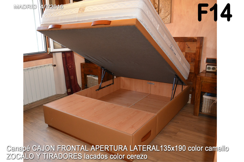 Ejemplo entregado y montado en Madrid de un canape de 135 por 190 con tapa abatible y cajones que abren hacia ambos laterales con un colchón Viscorrelax de oferta por compra conjunta.