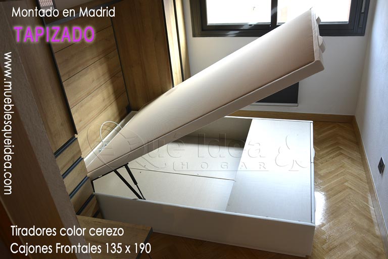 ejemplo entregado en casa de cliente de un canapé tapa abatible con cajones frontales de 135 de ancho por 180 de largo