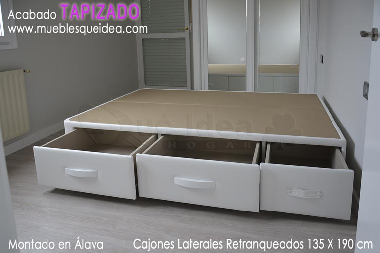 Montaje realizado de Canapé tapizado con cajones laterales de 135x190 en Álava color blanco de la serie de polipieles Elfos