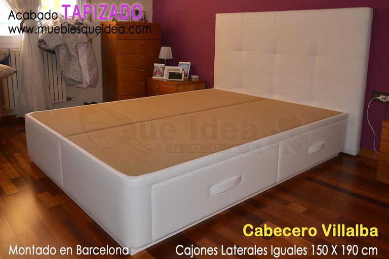 Canapé con cuatro cajones laterales iguales con los tiradores Curvos mas Cabecero modelo Villalva todo en color blanco montado en Barcelona