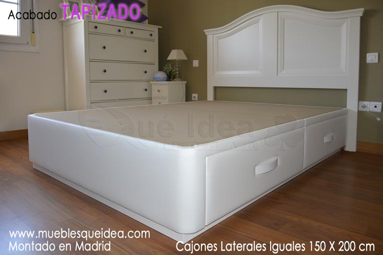 Canapé tapizado de 150x2 color blanco con 4 cajones laterales iguales montado en Madrid titadores curvos