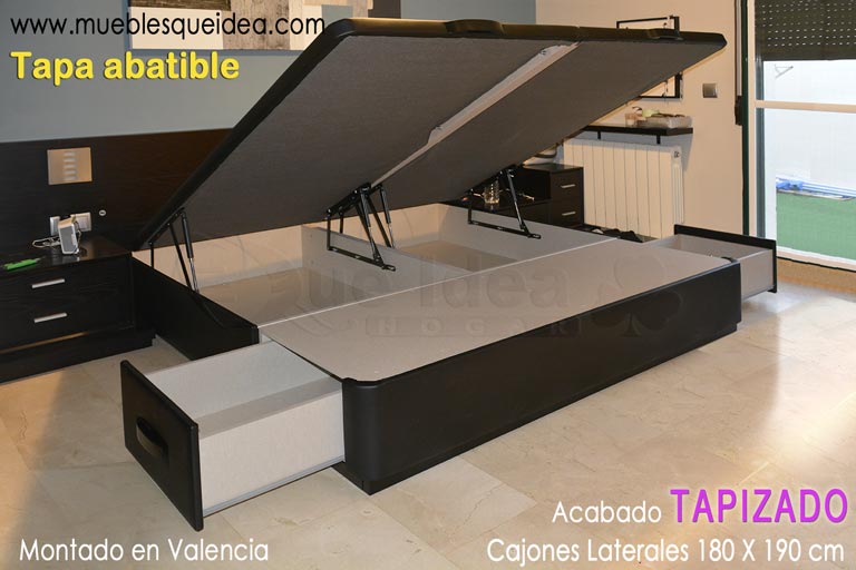 Canapé de tapa abatible color negro con cajones de apertura lateral en los pies de la cama