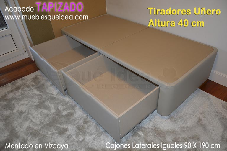 Montaje realizado de Canapé con cajones en un lateral de cuerpo 90 cm de ancho en Vizcaya, tiradores Uñero y dos cajones iguales