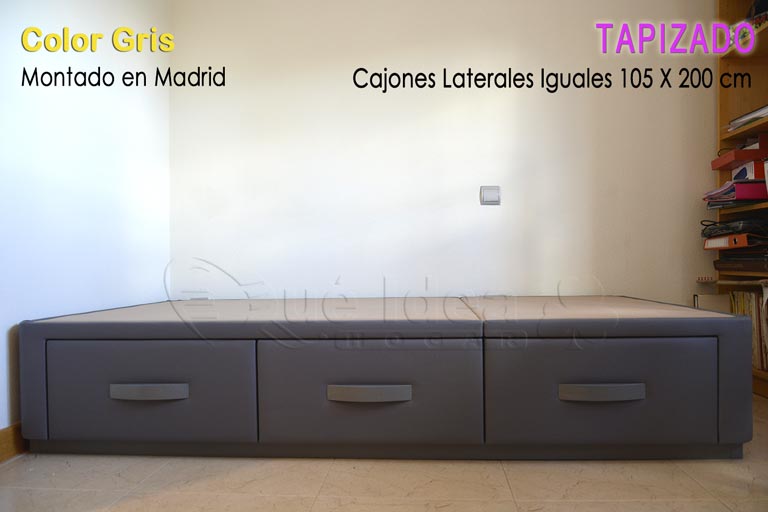 Canapé de 105x200 tapizado con los cajones iguales en los laterales con tiradores curvos montado en Madrid