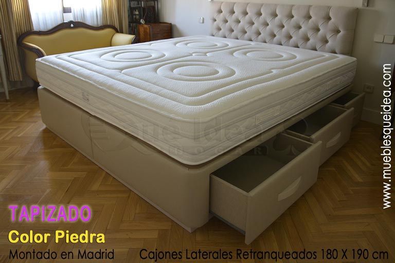 Canapé tapizado mas colchón con 6 cajones retranqueados en los laterales y tiradores curvos montado en Madrid