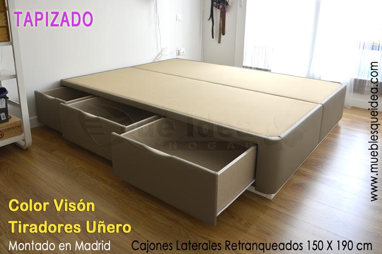 Canapé tapizado polipiel color Visón de 150x190 con los cajones retranqueados en los dos laterales montado en Madrid