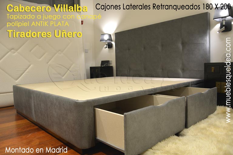 Canapé tapizado polipiel ANTIK de 180x200 mas cabecero con seis cajones retranqueados en los laterales y tiradores Uñero montado en Madrid