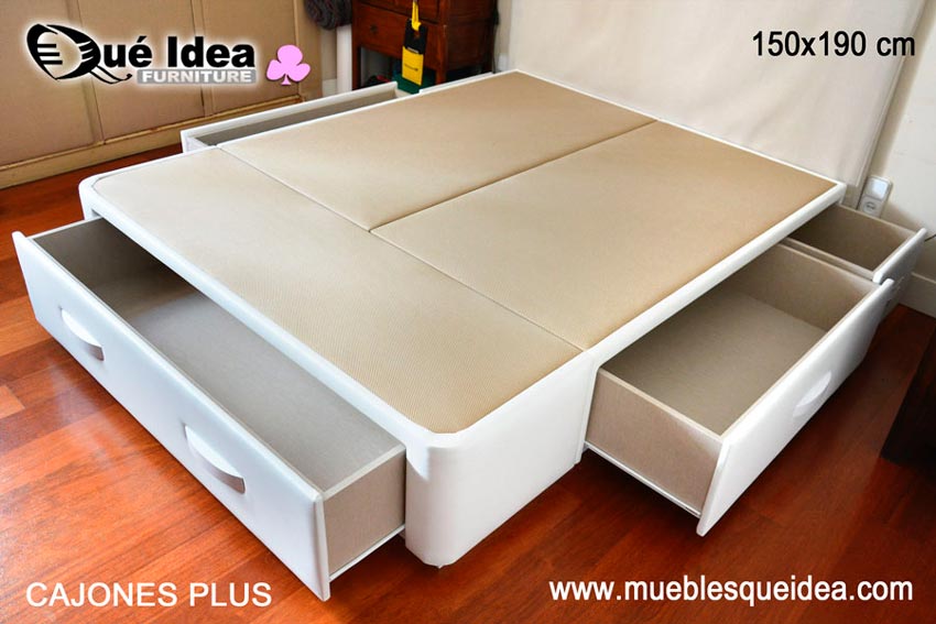 Ejemplo montado de Cama canapé Cajones plus 150x190 tapizado polipiel Elfos blanco, cajones abiertos montada en Madrid