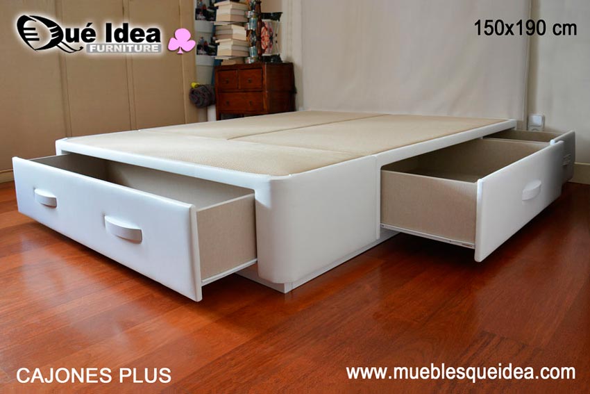 Ejemplo montado de Cama canapé Cajones plus 150x190 tapizado polipiel Elfos blanco, con más detalle de cajones abiertos montada en Madrid