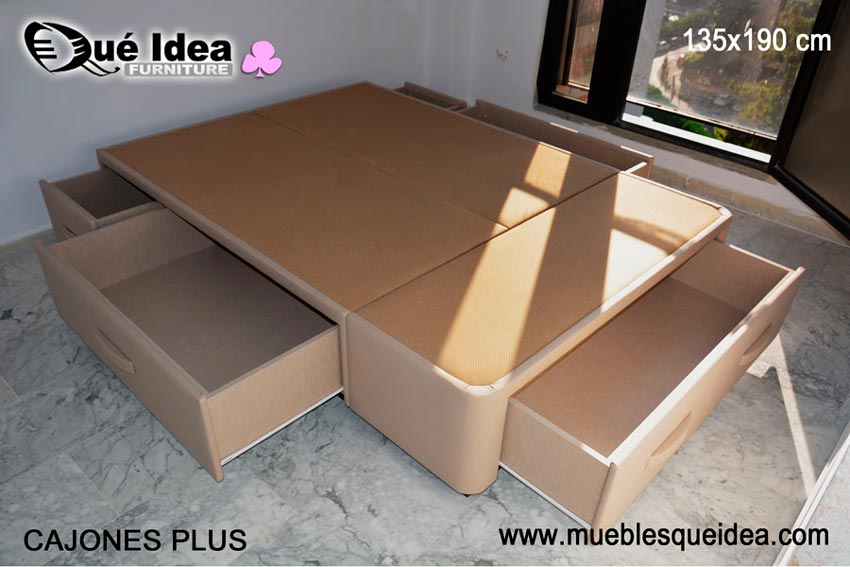Ejemplo montado de Cama canapé con 5 cajones modelo plus 135x190 tapizado polipiel Elfos beige, en Madrid