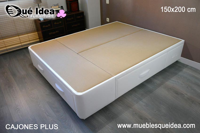 Ejemplo montado de Cama canapé con 5 cajones modelo plus 135x190 tapizado polipiel Elfos beige, en Madrid