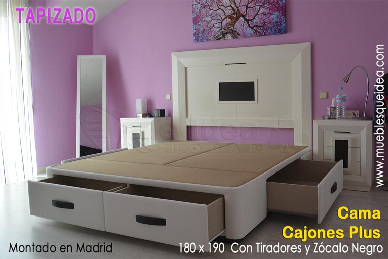Cama grande con 6 cajones montada en Madrid de 180x190 modelo Plus con los tiradores y zócalo en color negro