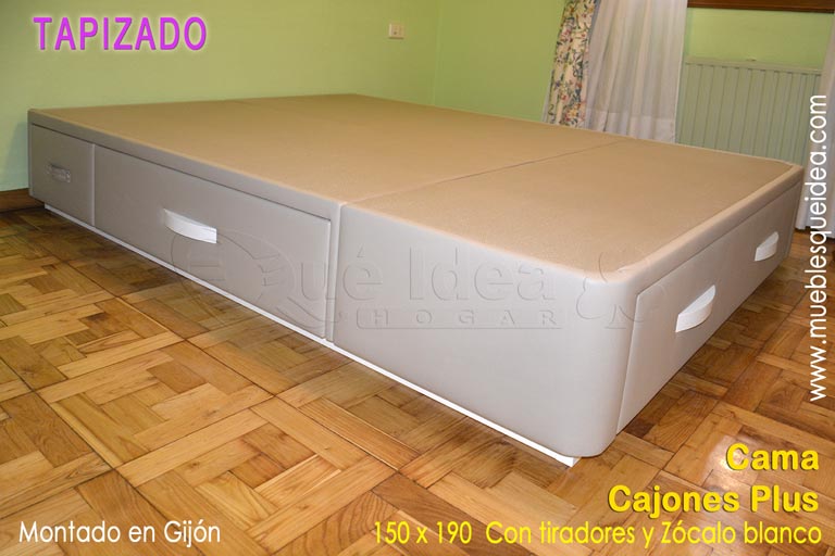 Cama canapé con cajones modelo plus tapizada en color Piedra con tiradores y zócalo en color blanco montada en Gijón