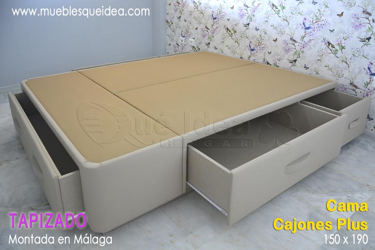 Cama con cajones en color piedra completa de 150x190 con los cajones abiertos montada en Málaga