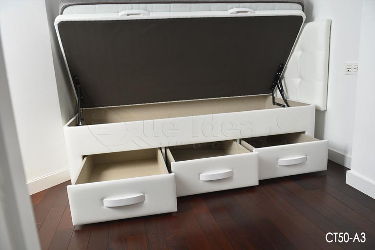 Cama individual de 50 cm de altura, 190 cm de largo por 90cm de ancho con Arcón de tapa abatible y dos o tres cajones