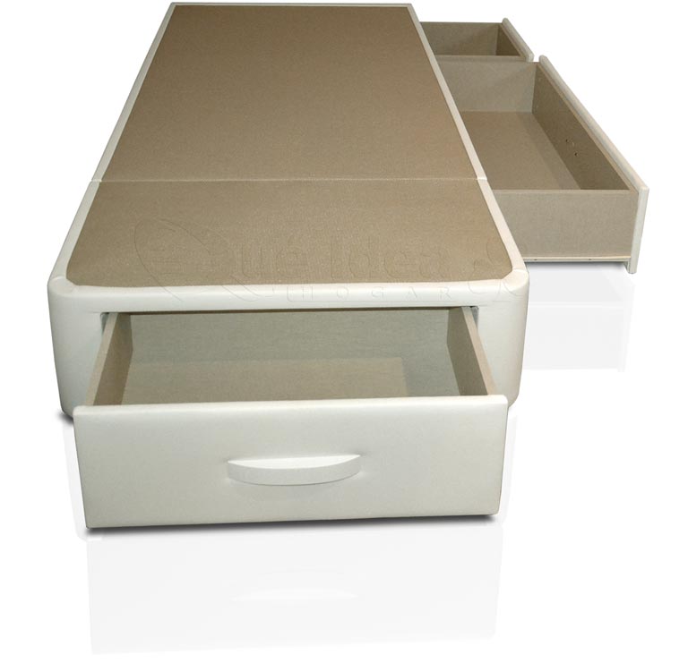 Cama individual CAJONES PLUS tapizada en polipiel ELFOS blanco los cajones en el lateral y a los pies de la cama