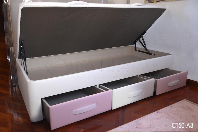 Canapé individual con Arcón y cajones tapizado en varios colores para dar el estilo que queramos a un dormitorio juvenil