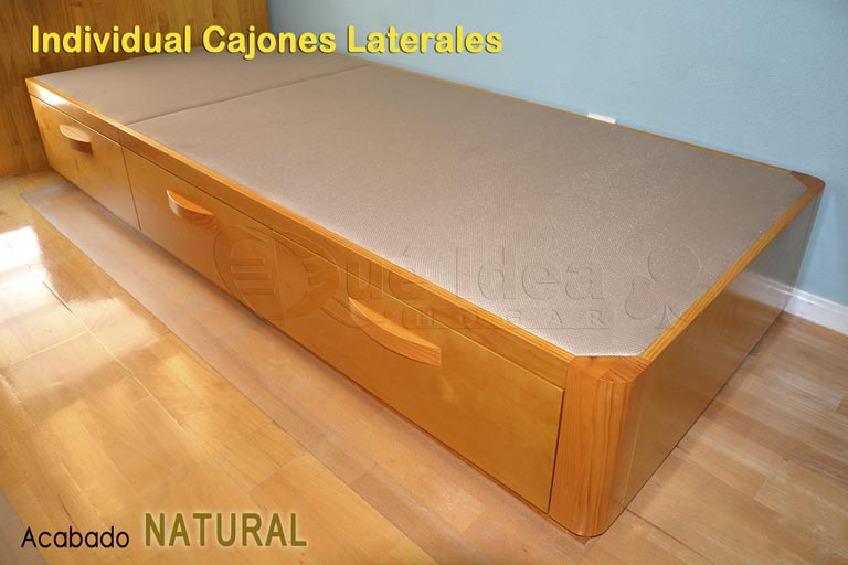 Canapé individual con cajones en un lateral acabado Natural en madera color pino miel y tiradores curvos