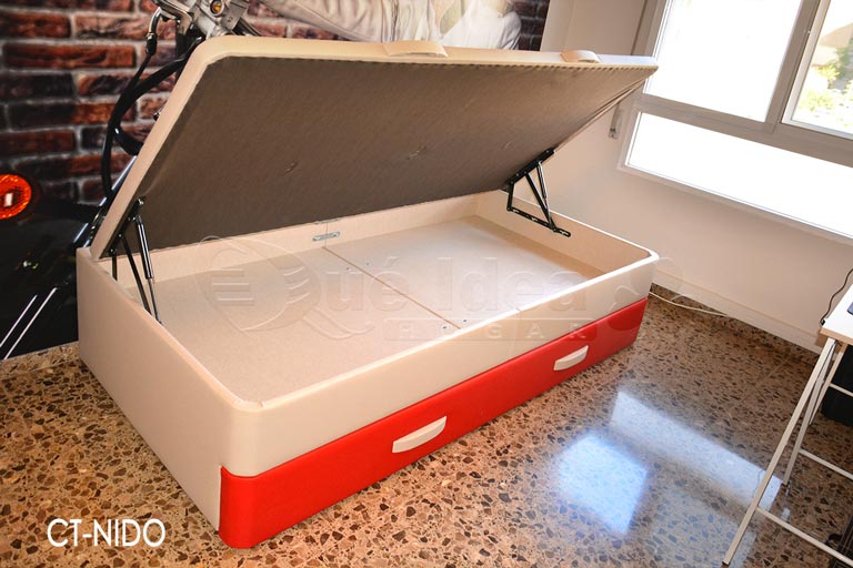 Canapé individual nido CT-NIDO tapizado en dos colores Tortola para el chasis y tapa y naranja en el frontal del nido