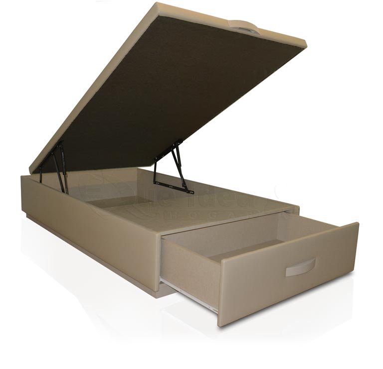 Canapé individual tapizado de 90 por 190 cm con tapa abatible y un cajon en los pies de la cama
