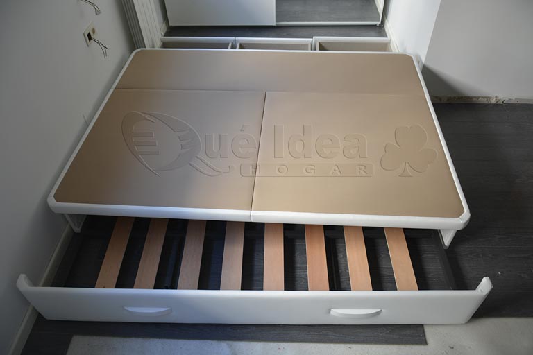 Otro ejemplo es este de una Cama individual nido con 3 cajones en un lateral y arrastre de lamas en el otro