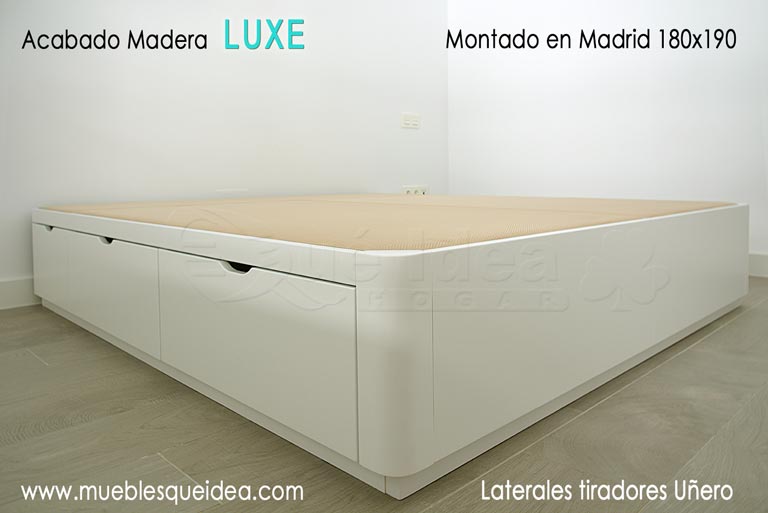 Ejemplo de montaje realizado de Canapé grande de matrimonio con cajones en madera lacada realizado en Madrid