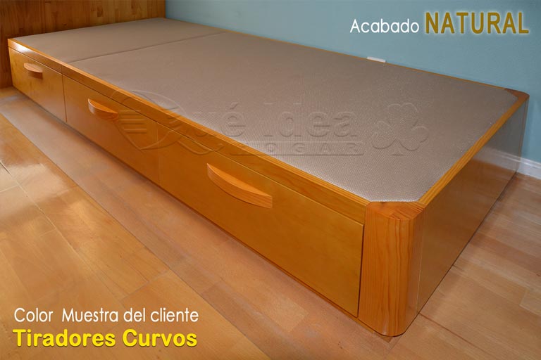 canapé individual de madera con cajones laterales fabricado en acabado Natural imitando madera de Pino color Miel