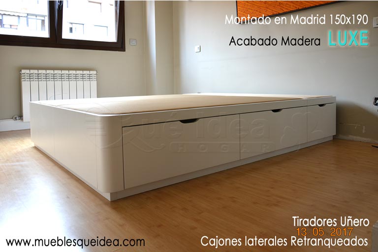 Canapé con cajones laterales cerrados montado en Madrid de 150x190 esquinas redondas y tiradores uñero