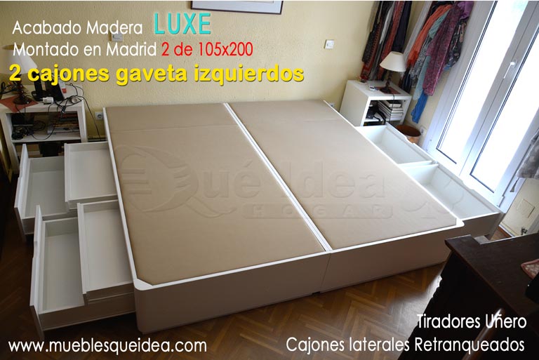 Cama de garndes dimensiones formada por dos canapés con cajones laterales tipo gaveta