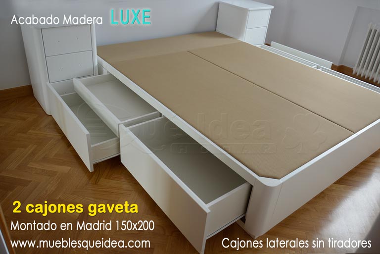 Cama con con cajones dobles tipo gaveta sin tiradores acabado luxe (Madera lacada)de 150x200 cm montada en Madrid