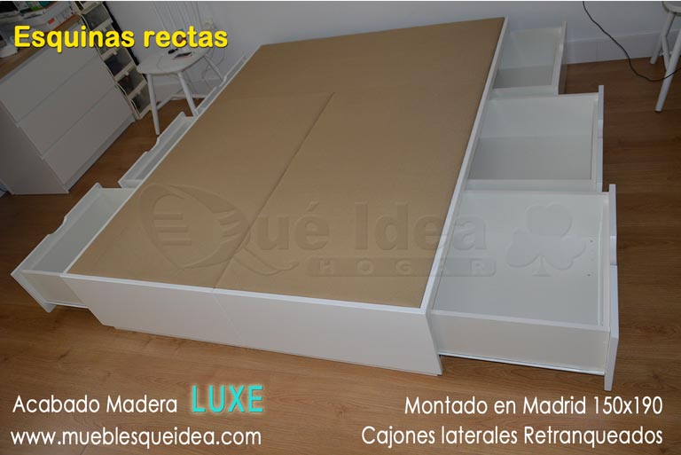 Cama canapé con cajones de 150x190 con las cuatro esquinas rectas cajones laterales abiertos con tiradores Uñero