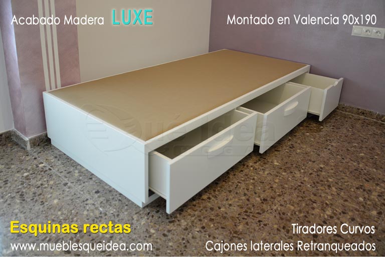 Canapé individual con tres cajones laterales 90x190 cm con las esquinas rectas y tiradores curvos en madera acabado Luxe