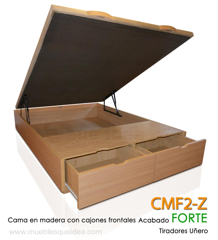 Cama Canapé acabado en madera con tapa abatible y cajones a los pies