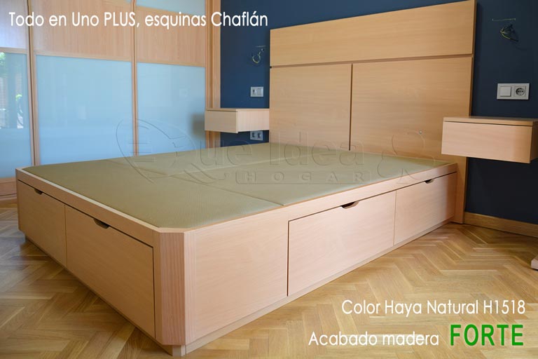 Todo en Uno compuesto por cabecero y mesitas suspendidas y cama con cajones modelo Plus con esquinas Chaflan en color Haya Natural