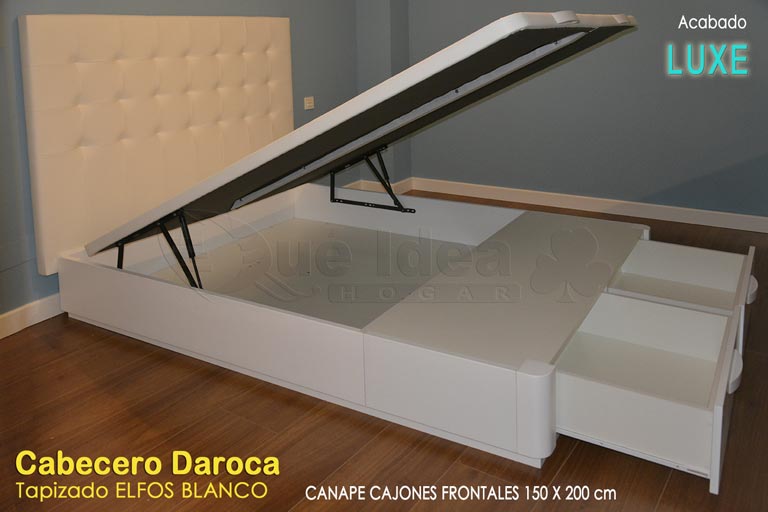 Cabecero modelo Daroca tapizado en polipiel Elfos color blanco con canapé de tapa abatible con cajones blanco