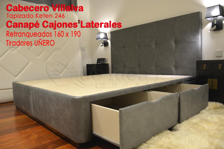 Cabecero tapizado modelo Villalva montado con Canape con cajones laterales