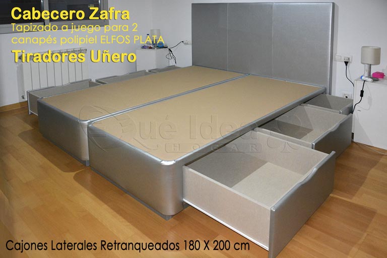 Cabecero tapizado modelo Zafra desde el suelo montado con dos canapés de cajones laterales a juego