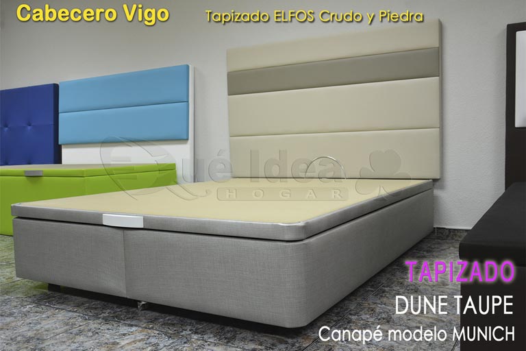 Cabecero modelo Vigo tapizado con polipiel Elfos de dos colores combinados montado con canapé de tapa abatible modelo Munich tapizado en polipiel serie Dune color Taupe