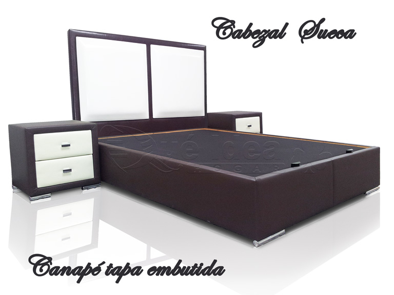 Cabecero tapizado modelo Sueca montado con Canape de tapa abatible embutida y mesitas tapizadas