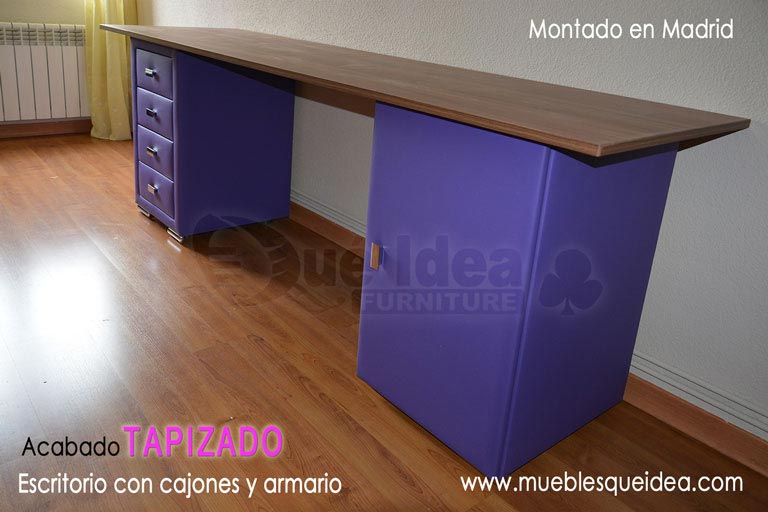 Armario de una puerta y cajonera en escritorio ajuego con cama nido color violeta fabricado a medida