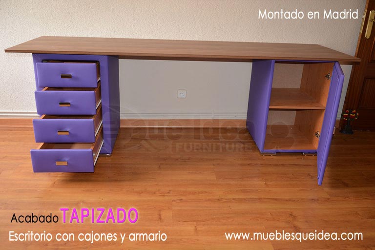 Escritorio con cajonera fabricado igual a cama nido tapizada