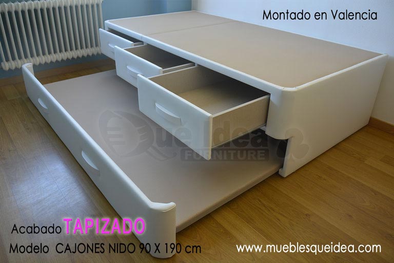 Cama diván canguro nido blanca de base tapizada abierta con tres cajones