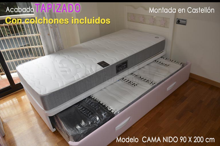 Frontal del arrastre de la cama nido para niña con arrastre en color fresa, rosa o pink a juego con cabecero
