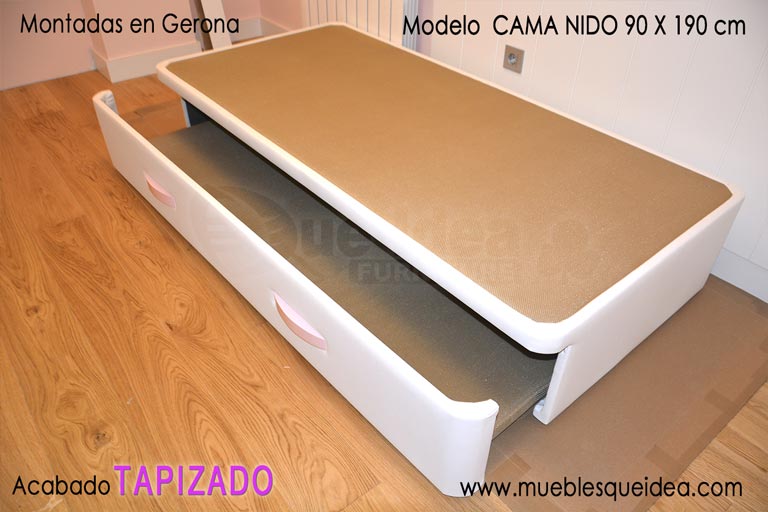 Cama supletoria diván nido para niña con arrastre de base tapizada y tiradores color rosa