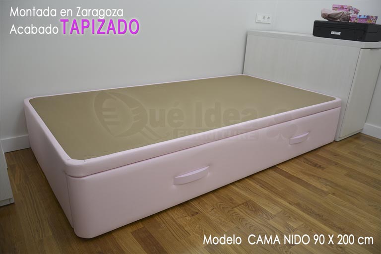 Cama nido supletoria montada en Zaragoza de 90x200 para niña tapizado completo color fresa pink