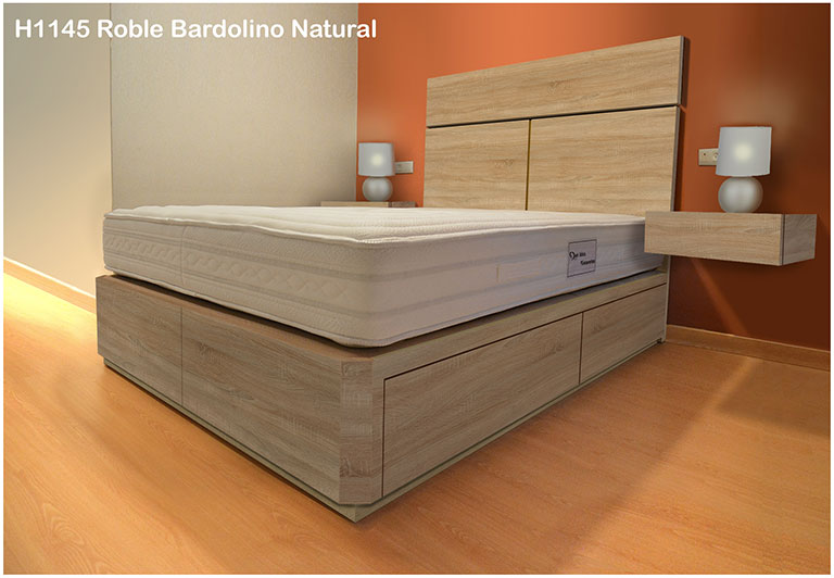 cama con cajones, mesitas y cabecero en color ROBLE BARDOLINO NATURAL H1145